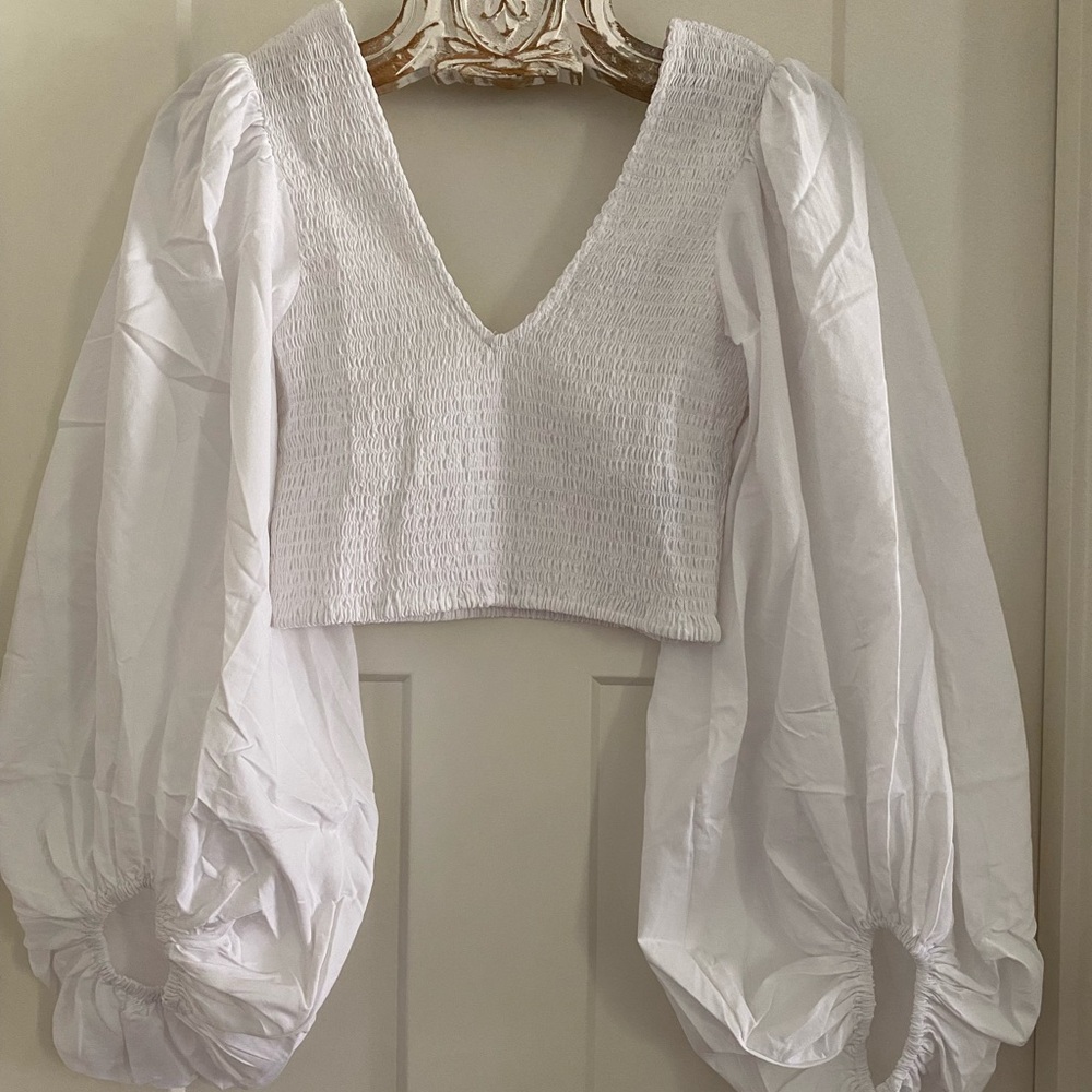 Forever 21 White V-Neck Smocked Blouse
